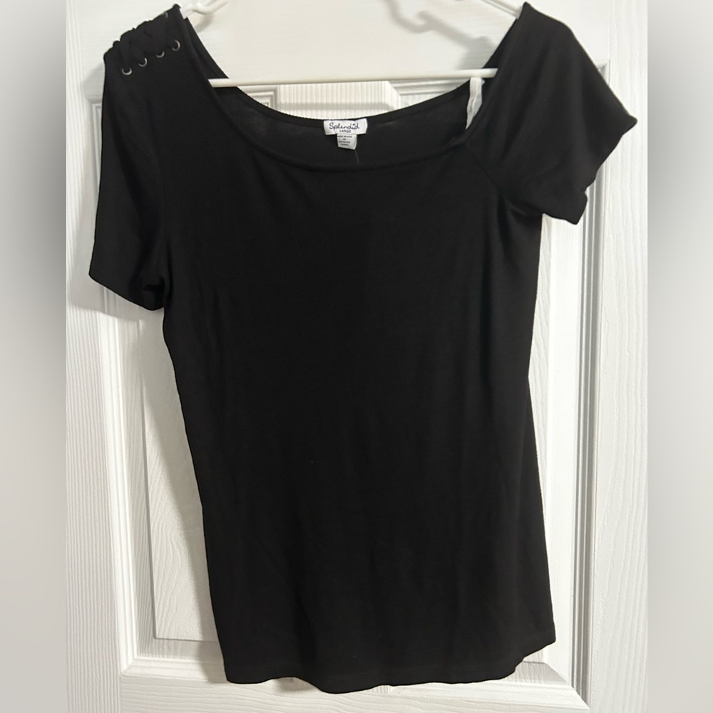 Splendid Black Ribbed Short Sleeve off the Shoulder Top T Shirt Size: L NWT